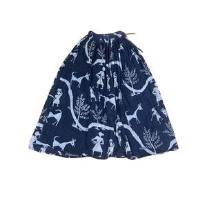 Vintage Navy Blue & White Story Scene Tie Waist Maxi Women Skirt size 2XL